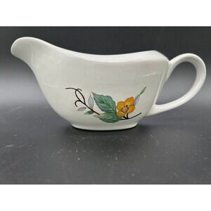 Vtg Woodhill by Citation White Gravy Boat Creamer Floral Design‎ Brown Rim